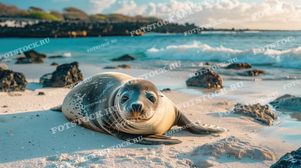 На фотографии изображен тюлень, лежащий на песчаном пляже рядом с кромкой воды. Вокруг него разбросаны камни, а на заднем плане виднеется голубое море. Сцена передает атмосферу спокойствия и умиротворения.