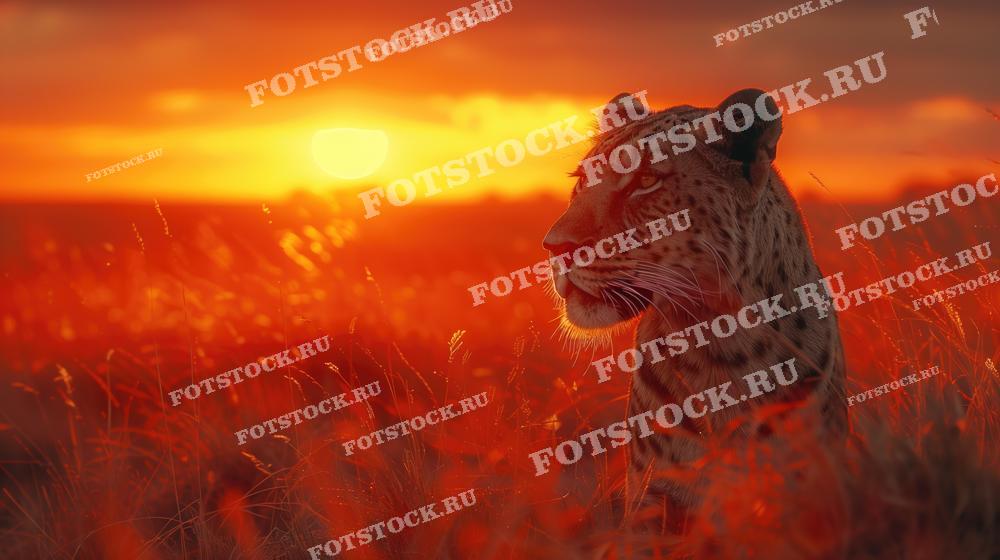 На изображении представлен леопард, сидящий в траве на фоне яркого заката. Теплые оттенки заката подчеркивают красоту и величие этого грациозного хищника в его естественной среде обитания.