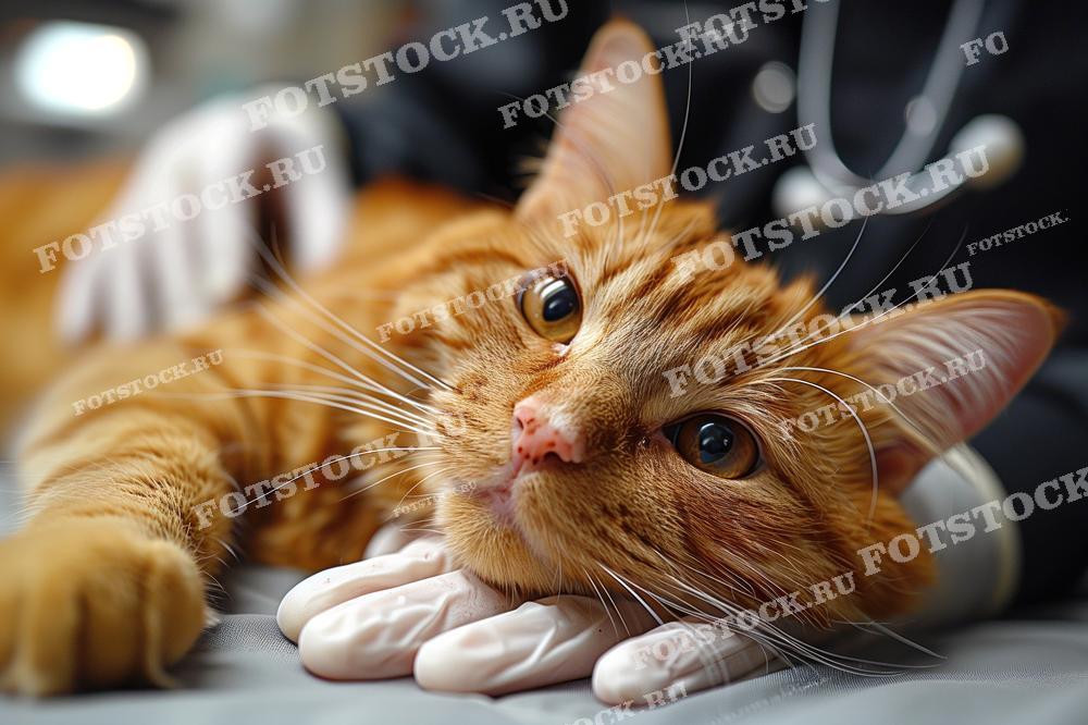 На фотографии изображен рыжий кот, доверчиво положивший голову на руки ветеринара в резиновых перчатках. Изображение символизирует доверие между человеком и животным.