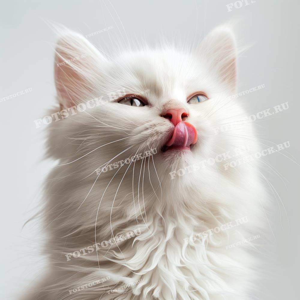 На фотографии изображен белый котенок с высунутым языком. Игривое выражение его морды подчеркивает забавный и милый характер домашнего питомца.