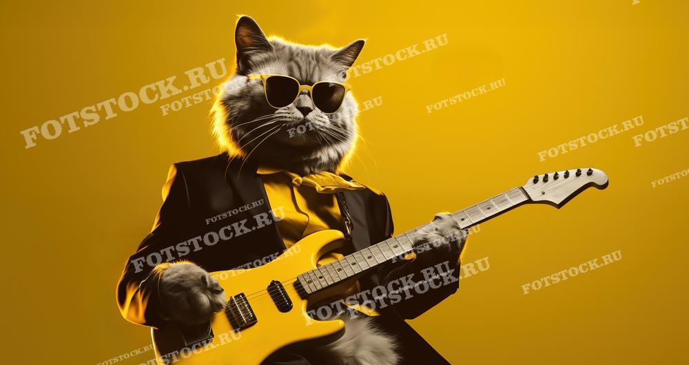 Фотография изображает кота в солнечных очках и черном костюме, играющего на электрогитаре. Яркий желтый фон подчеркивает креативность и юмористичность сцены, создавая веселую и необычную атмосферу.