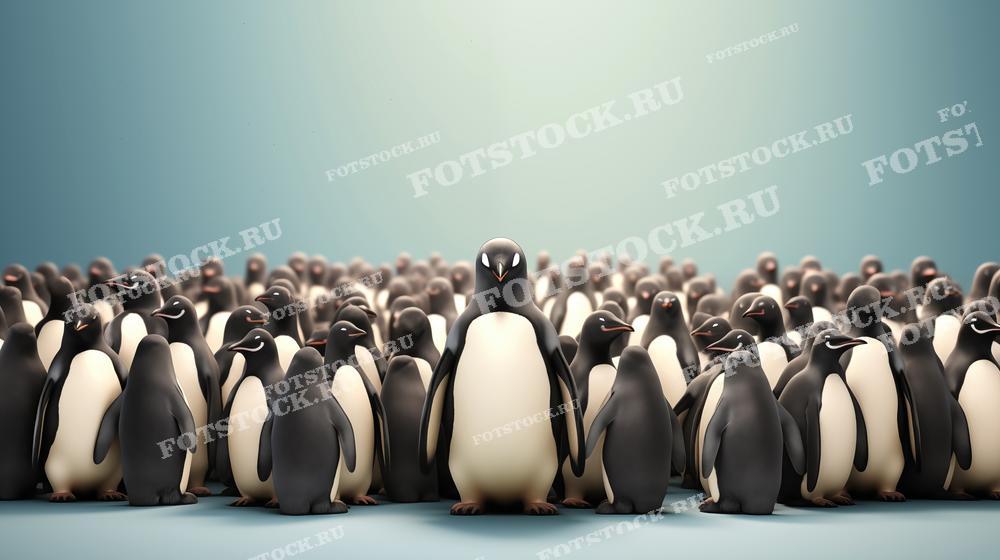 Фотография изображает большую группу пингвинов, стоящих вместе на фоне голубого неба. Это создает впечатление дружной и организованной колонии, подчеркивая социальные аспекты жизни этих птиц.