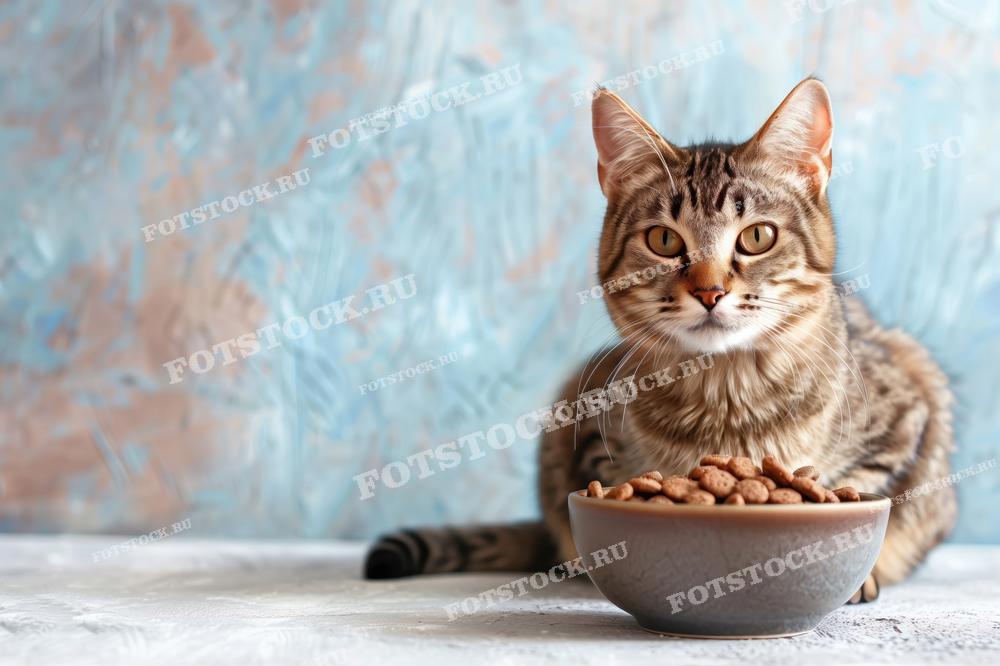 Крупным планом изображена полосатая кошка, сидящая перед миской с сухим кормом. Фон выполнен в мягких пастельных тонах, создавая уютную атмосферу.
