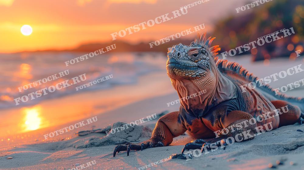 Фотография крупной игуаны на песчаном пляже во время заката. На фоне видны океанские волны и яркие краски закатного неба. Сцена символизирует спокойствие, природу и экзотическую атмосферу тропического побережья Галапагосских островов.