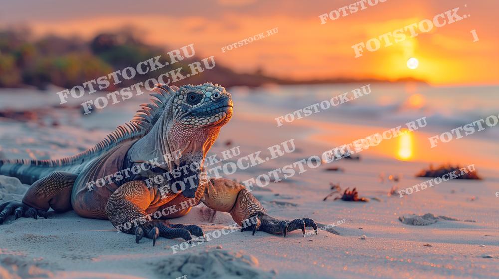 Фотография игуаны на Галапагосских островах (Эквадор). Закатные цвета неба и отражение света в волнах создают атмосферу спокойствия и уюта на тропическом побережье.