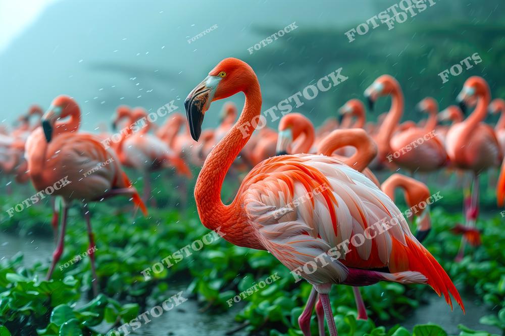 Эта яркая фотография запечатлела изящного фламинго на фоне группы других птиц в тропическом ландшафте Кении. Фламинго с гордой осанкой выделяется насыщенно-розовым оперением на фоне насыщенной зелени и лёгкого дождя. Уникальная экосистема региона подчёркивает красоту и богатство местной фауны.