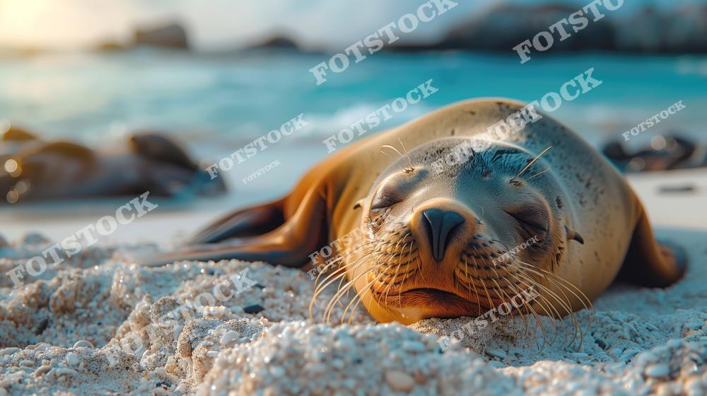 На фотографии изображен морской котик, лежащий на песке пляжа Галапагосских островов. Его расслабленное выражение лица на фоне бирюзового океана и скал создаёт атмосферу умиротворения. Снимок подчёркивает красоту и уникальность фауны Галапагосов.