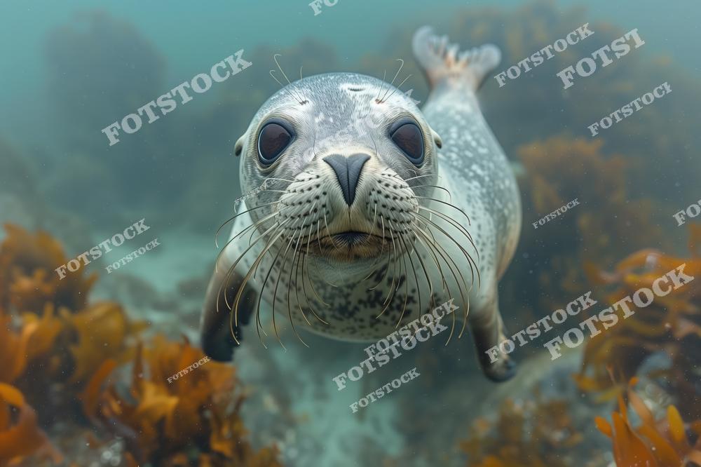 На фотографии изображён морской тюлень, плывущий под водой в окружении морских водорослей. Его выразительный взгляд и спокойная поза подчёркивают любопытство и очарование этого морского обитателя. Снимок передаёт красоту подводной экосистемы и уникальность её жителей.