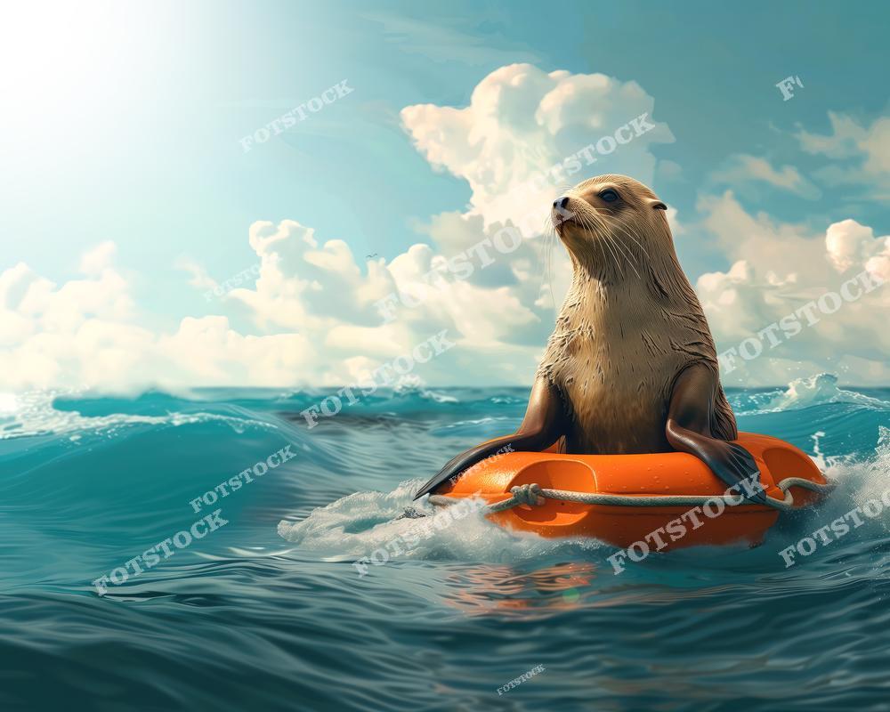 На фотографии изображён морской котик, сидящий на оранжевом спасательном круге посреди океана под ясным небом с белыми облаками. Этот необычный момент сочетает в себе юмор и очарование, подчеркивая связь животных с их средой обитания. Снимок создаёт атмосферу лёгкости и веселья.