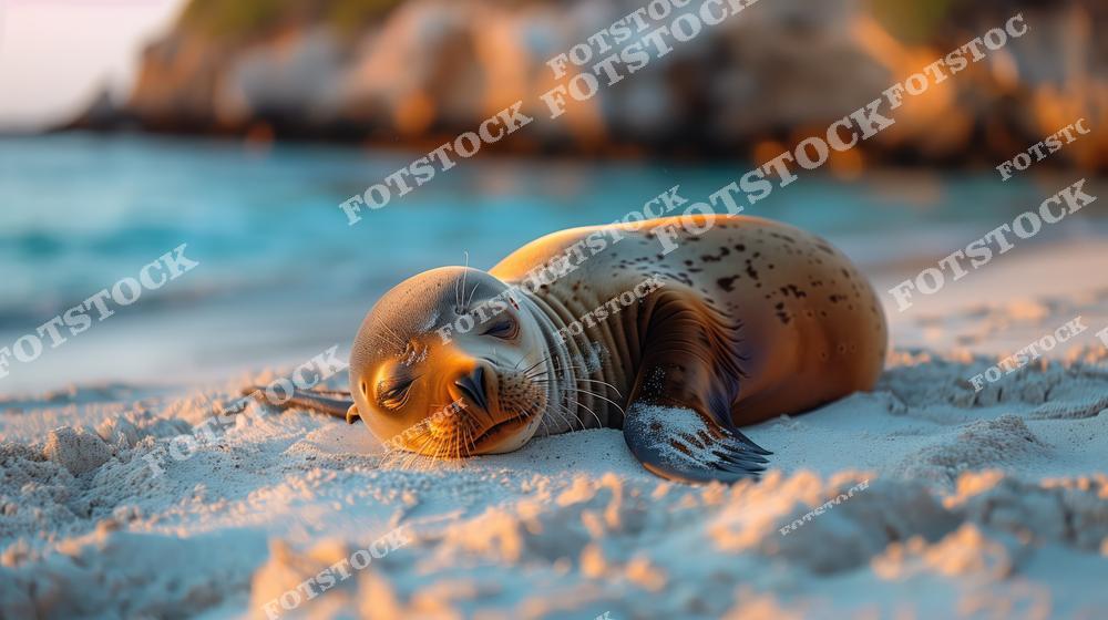 На фотографии изображён морской котик, расслабленно лежащий на песчаном пляже Галапагосских островов в Эквадоре. На заднем плане виден океан с бирюзовой водой и скалами, залитыми тёплым светом заката. Снимок передаёт атмосферу умиротворения и природной гармонии.
