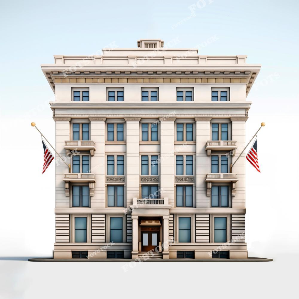 Изображение пятиэтажного классического здания с множеством окон, расположенных симметрично. На фасаде видны детали в виде колонн и украшений, а вход выделен большой дверью с фонарем. По обе стороны от входа висят американские флаги на флагштоках. Здание выглядит аристократично и представительно, выполнено в светлых тонах. Фон за зданием – единообразный, нейтрально-светлый.