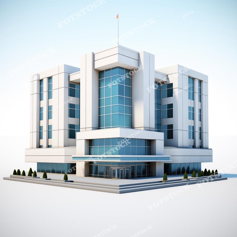 3D-рендеринг современного здания правительственного типа с большими стеклянными окнами и несколькими этажами. Фасад здания выполнен в светло-сером и белом цветах, с элементами синего около входной группы. Вокруг здания расположены аккуратно подстриженные кусты, а на крыше виден флаг. Фон изображения - нейтральный голубой.
