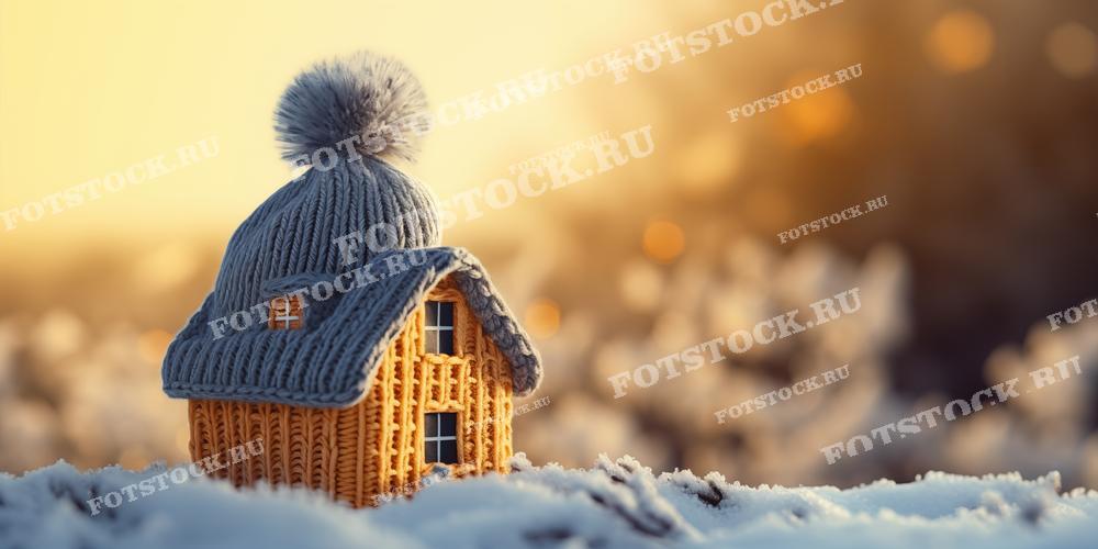 На фотографии изображен символический декоративный домик, покрытый снегом и украшенный вязаной зимней шапкой с помпоном на крыше. Сцена находится на фоне зимнего заката, что придает изображению теплый, уютный и праздничный вид. Эта фотография идеально подходит для использования в рекламных материалах зимней тематики, статьях о зимних праздниках и домашнем уюте, а также как реклама архитектурных бюро и строительных компаний.