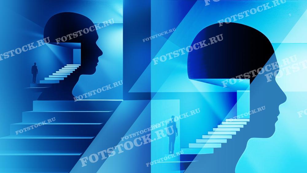 На фото изображена абстрактная композиция с силуэтами человеческих лиц, внутри которых находятся лестницы. Работа выполнена в синих тонах, создавая впечатление глубины и размышлений о внутреннем мире человека.
