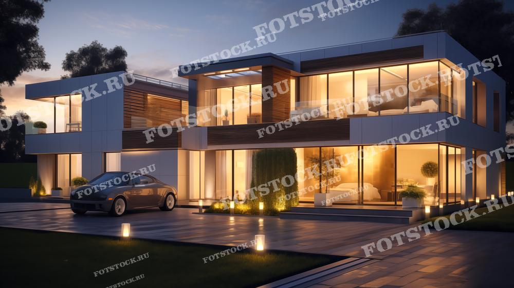 На фотографии изображен современный двухэтажный дом с большими панорамными окнами, освещенными теплым вечерним светом. Архитектура дома отличается элегантностью и современным стилем. Вокруг дома размещены аккуратные дорожки и светильники, создающие уютную атмосферу. На переднем плане виден припаркованный автомобиль. Окружающий ландшафт состоит из газонов и декоративных растений. 
Это изображение подходит для использования в рекламных материалах по продаже элитной недвижимости, архитектурных журналах и статьях о современных жилых домах.