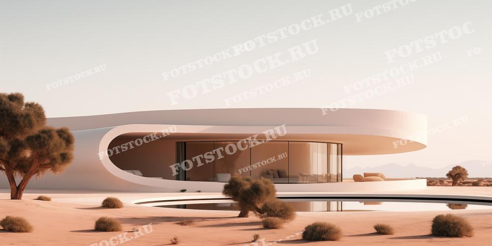 На фотографии изображен современный дом в стиле минимализма, расположенный в пустынной местности. Дом имеет плавные, обтекаемые формы и большие панорамные окна, что позволяет наслаждаться видами окружающей природы. Перед домом находится бассейн с изогнутыми линиями, отражающий архитектурные особенности здания. Вокруг дома растут редкие кустарники и деревья, характерные для пустынного ландшафта. Нежные пастельные тона дома гармонируют с естественной палитрой пустыни.