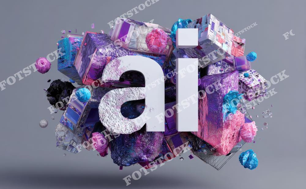 На изображении показаны крупные белые буквы AI на фоне сложной объёмной композиции из ярких кубов, сфер, текстурных элементов и цифровых форм. Иллюстрация визуально передаёт тему искусственного интеллекта, генеративных технологий, машинного обучения, автоматизации, цифрового творчества и современных IT-разработок.