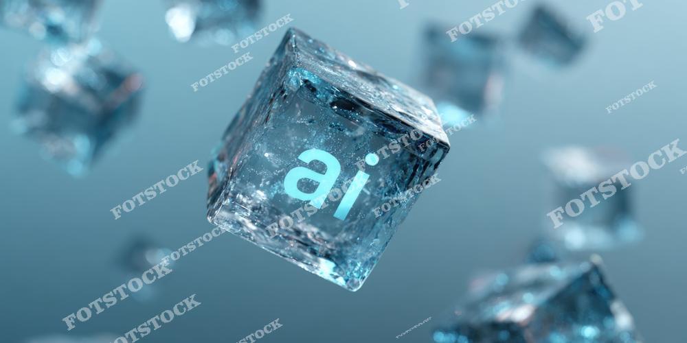 На изображении показан прозрачный стеклянный куб с надписью AI, парящий в пространстве среди других размытых стеклянных блоков. Холодные голубые оттенки, прозрачная структура и эффект глубины создают визуальную ассоциацию с искусственным интеллектом, цифровой инфраструктурой, облачными вычислениями и обработкой больших данных. Композиция подчёркивает темы машинного обучения, автоматизации, аналитики, нейронных сетей, современных IT-решений и инновационных технологий будущего.