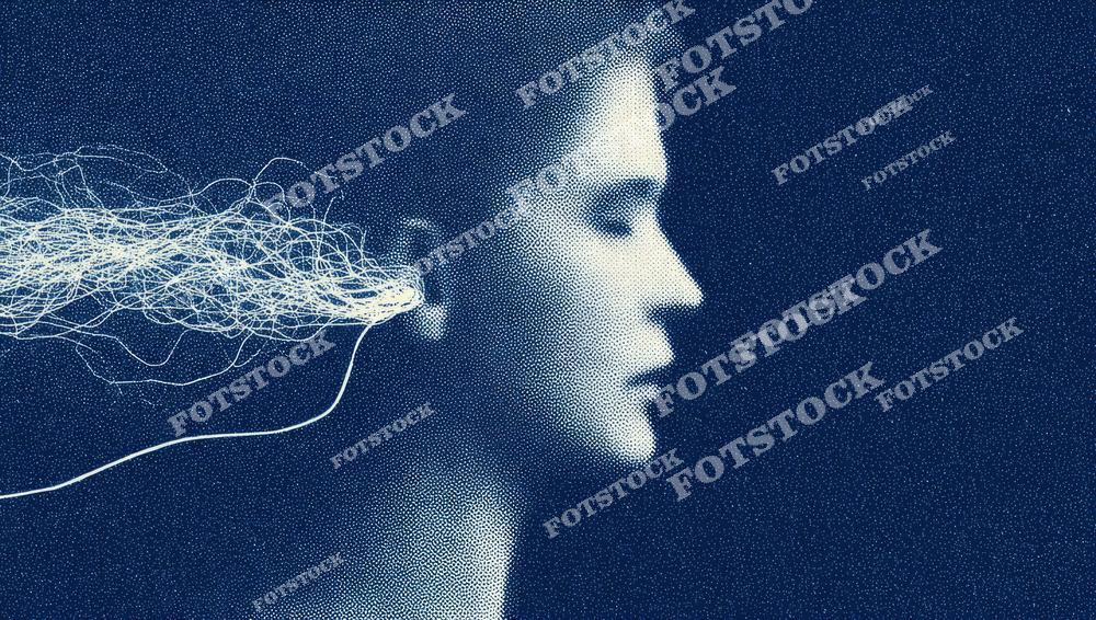 На изображении показан синий монохромный профиль человека, к голове которого подключён запутанный пучок белых проводов. Композиция передаёт связь человека с технологиями, информационную нагрузку, цифровое мышление, нейросети, внутренние мысли и зависимость от коммуникационных систем.