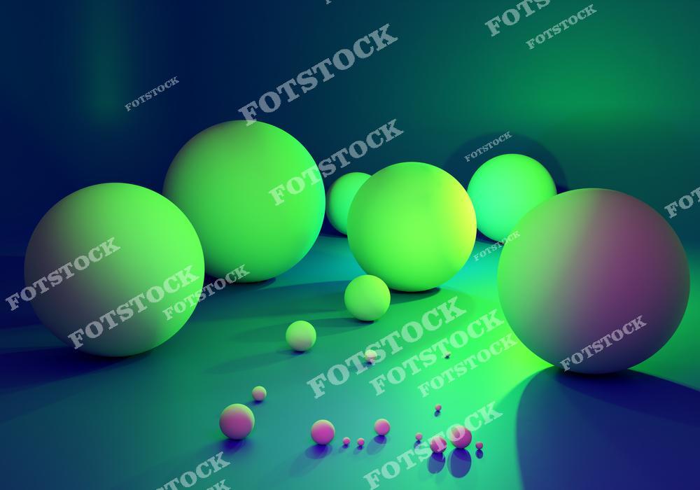 Фотография абстрактной 3D-композиции с большими и малыми сферами, освещенными градиентным светом зеленого и синего оттенков. Создает атмосферу футуризма и минимализма. Изображение подходит для тем цифрового искусства и графического дизайна.
