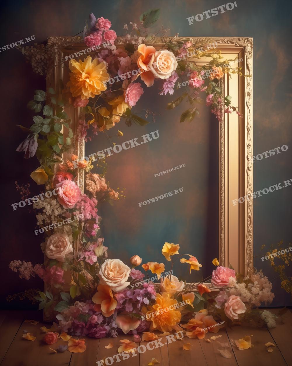На фотографии изображена старинная декоративная рама, украшенная цветами различных оттенков. Рама стоит на деревянном полу, а на заднем плане виден фон в темных тонах. Это изображение создает романтичное настроение, идеально подходит для использования в свадебных приглашениях, дизайне интерьеров, а также в рекламных материалах, связанных с флористикой и декором.