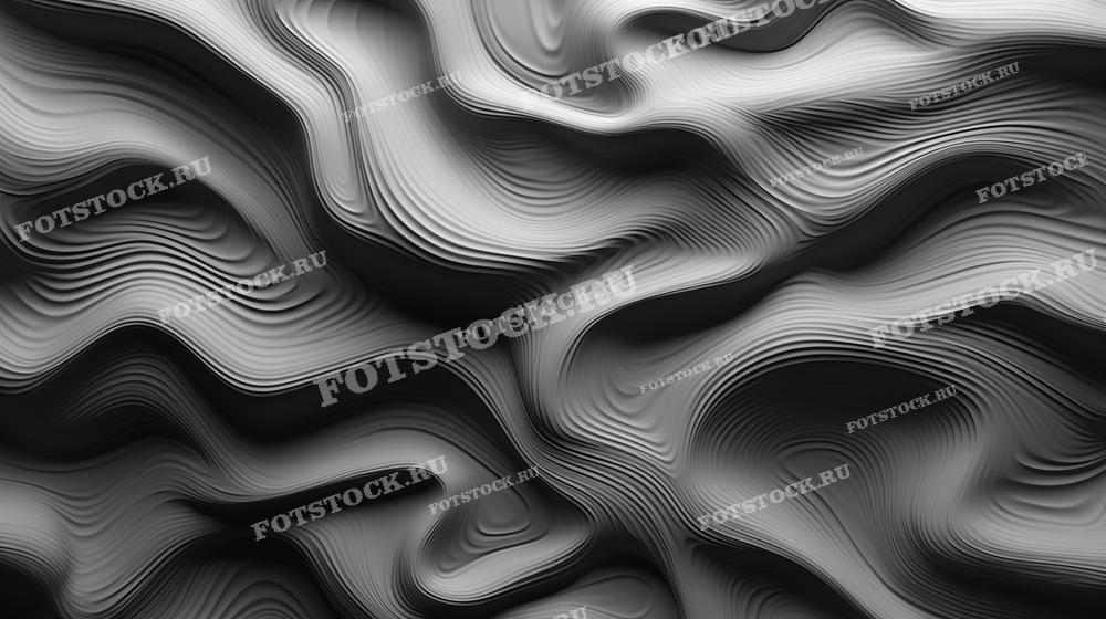 На фотографии изображена абстрактная черно-белая текстура с плавными волнообразными линиями, создающими эффект глубины и объема. Графическое изображение напоминает топографическую карту или рельефные волны. Этот фон подходит для использования в современных дизайнерских проектах, оформлении веб-сайтов, печатных материалов и рекламных кампаний, где требуется стильный и минималистичный визуальный элемент.