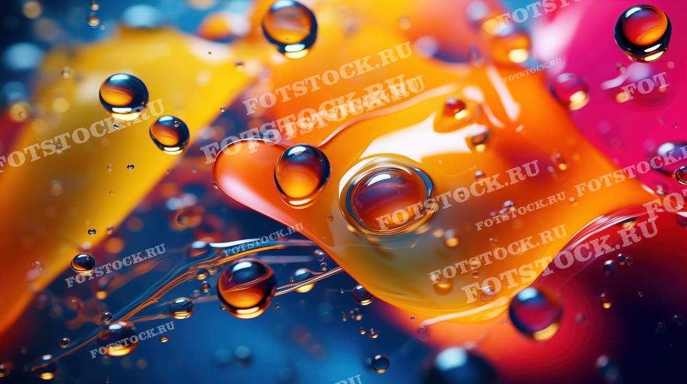 На фотографии изображены капли воды на фоне ярких цветных поверхностей. Капли создают интересные отражения и переливы, добавляя динамичности и объема изображению. Этот абстрактный фон идеально подходит для использования в креативных и рекламных проектах, дизайне упаковки, а также как декоративный элемент в интерьере.