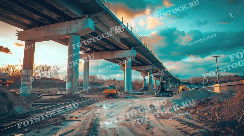 На фото изображена стройплощадка, где идет строительство большого моста. Видны колонны моста, частично возведенная конструкция и строительная техника, работающая под мостом. Снимок сделан на закате, что придает сцене теплые оттенки и создает атмосферу завершения рабочего дня.