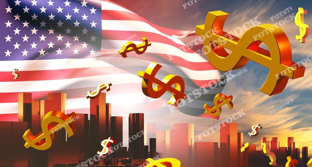На изображении золотые знаки доллара парят на фоне американского флага и силуэтов небоскребов, что символизирует экономическую мощь и влияние США. Фото подчеркивает значимость американского доллара в мировой экономике и финансовых процессах.