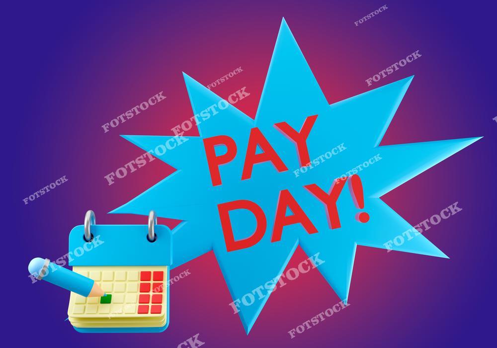 На изображении представлен календарь с отмеченной датой и надписью "Pay Day!" на фоне яркого синего взрыва. Яркий стиль и акцент на событии подчеркивают важность дня зарплаты, идеально подходя для иллюстрации финансовых или офисных тем, связанных с платежами, выплатами и оплатой труда.