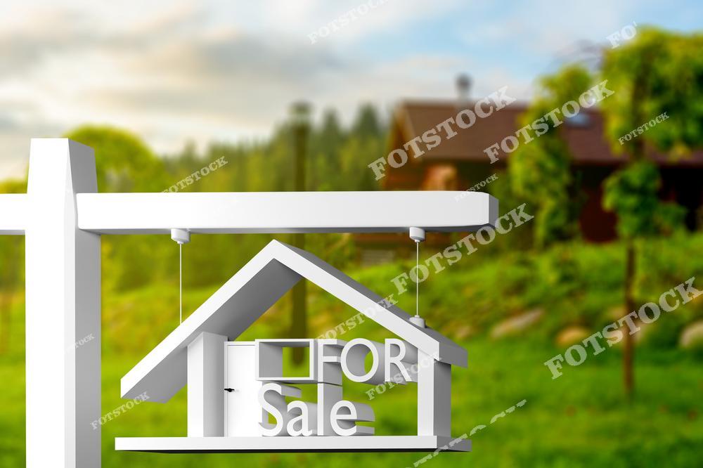 На изображении белый знак «For Sale» в форме домика, установленный на фоне размытых зеленых деревьев и загородного дома. Фото ассоциируется с продажей недвижимости в сельской или пригородной зоне, подчеркивая уют и природное окружение.