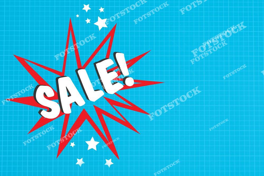 На изображении представлен яркий графический элемент с текстом "SALE!" на синем фоне в стиле комиксов. Красные лучи и белые звёзды вокруг текста привлекают внимание и создают ощущение срочности и выгодного предложения. Такой дизайн подходит для рекламных кампаний, посвящённых распродажам, скидкам и специальным акциям.