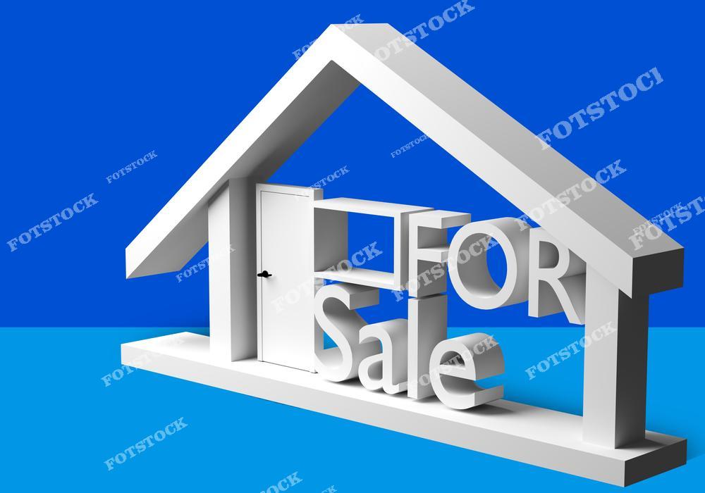 На изображении изображен стилизованный дом с надписью "For Sale" на синем фоне. Простая и минималистичная композиция символизирует продажу недвижимости, акцентируя внимание на доступности жилья. Подходит для иллюстрации тем, связанных с недвижимостью, продажей домов и рынком жилья.