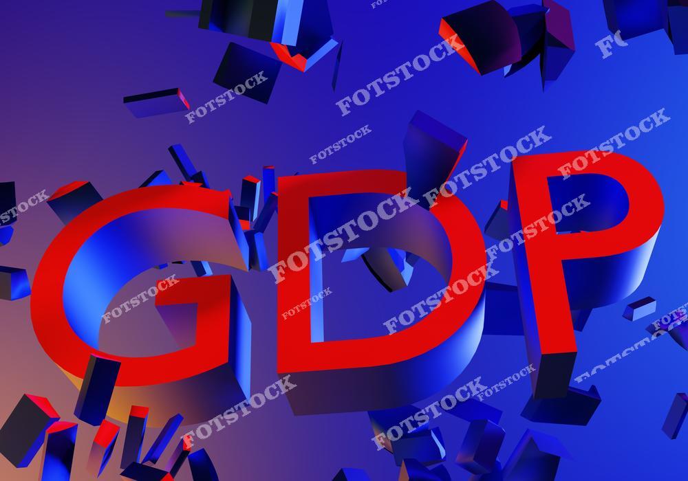 На изображении крупными буквами изображено слово «GDP» (валовой внутренний продукт), вокруг которого разлетаются абстрактные геометрические фрагменты. Иллюстрация выполнена в насыщенных синих и красных тонах и символизирует экономический кризис, падение ВВП и разрушение экономической стабильности. Подходит для тем, связанных с макроэкономикой, кризисами и государственными показателями.
