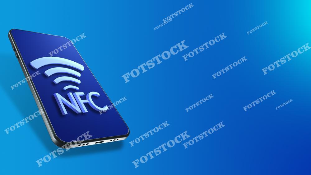 На изображении смартфон с выделенным логотипом NFC, расположенный на градиентном синем фоне. Эта функция обозначает технологию беспроводной передачи данных для удобного использования в повседневной жизни.