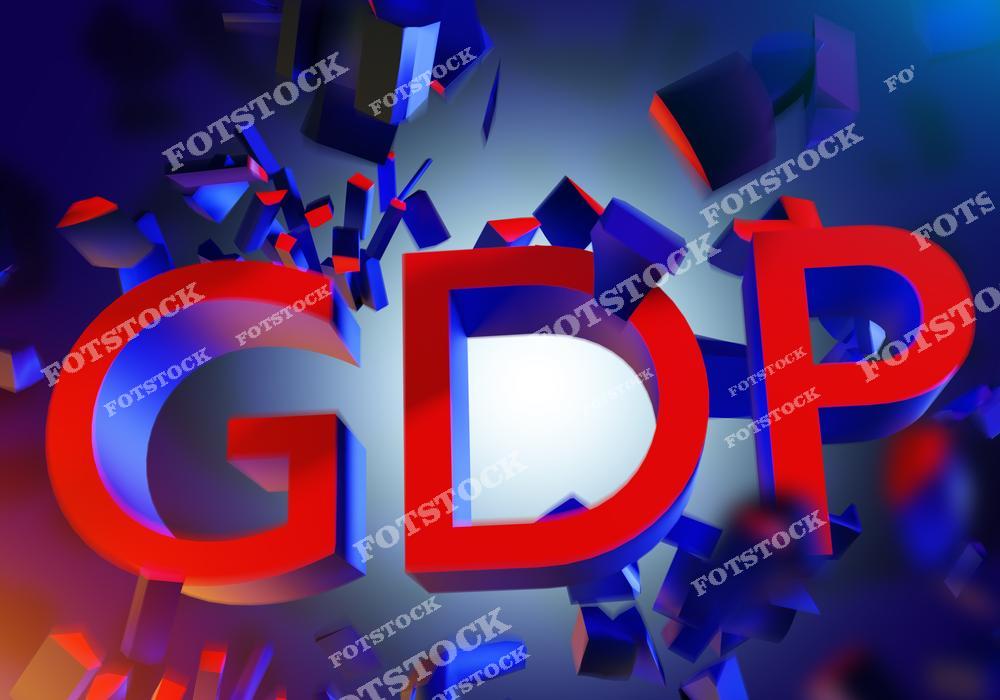 На изображении крупные красные буквы «GDP», окруженные разлетающимися фрагментами, что символизирует разрушение или спад ВВП. Фотография ассоциируется с экономическими проблемами, финансовыми кризисами и спадом в экономике.