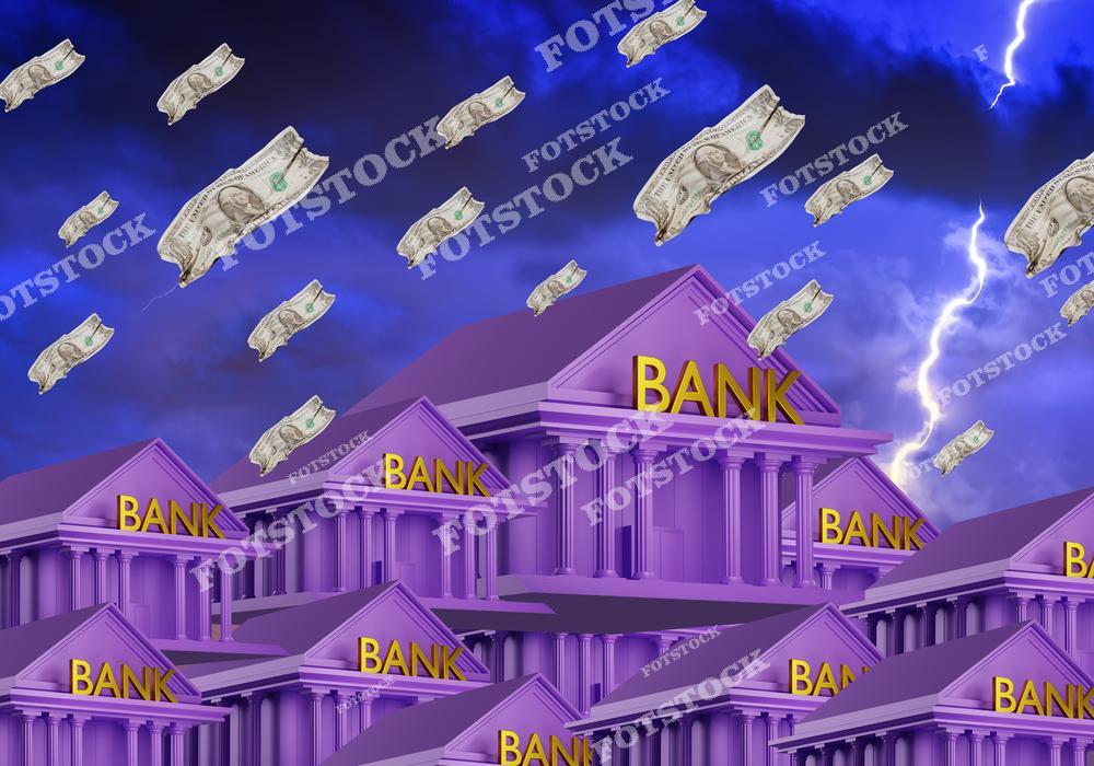 На изображении изображены здания банков с надписью "BANK", над которыми парят долларовые купюры на фоне грозового неба с молниями. Фотография символизирует финансовую нестабильность, кризис и сложные экономические условия. Эффектное сочетание цветов усиливает драматизм сцены.