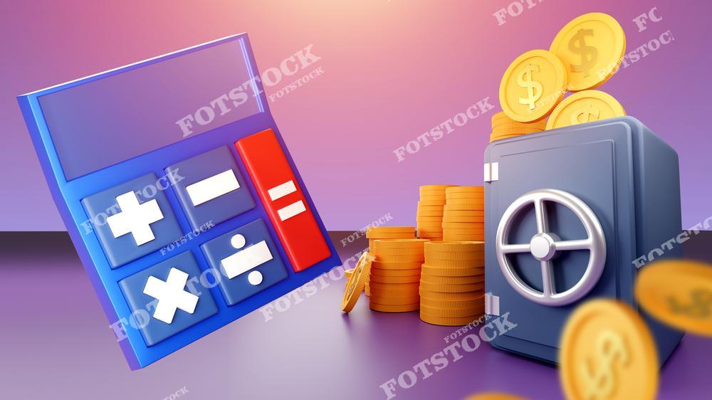 На изображении большой синий калькулятор, сейф и стопки золотых монет на фоне мягкого градиента закатных оттенков. Открытый сейф с монетами добавляет акцент на финансовые сбережения. Это фото связано с темами финансового управления, инвестиций и накоплений.