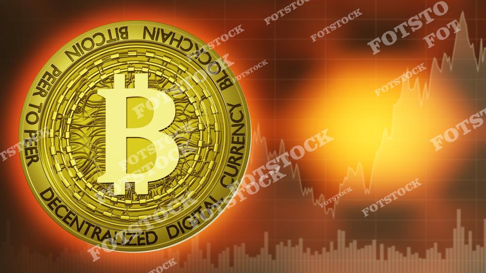 На изображении крупный план золотой монеты биткойна с надписями "Decentralized Digital Currency" и "Peer to Peer" на фоне графика роста и яркого свечения. Композиция подчеркивает актуальность криптовалют и их влияние на мировую экономику.