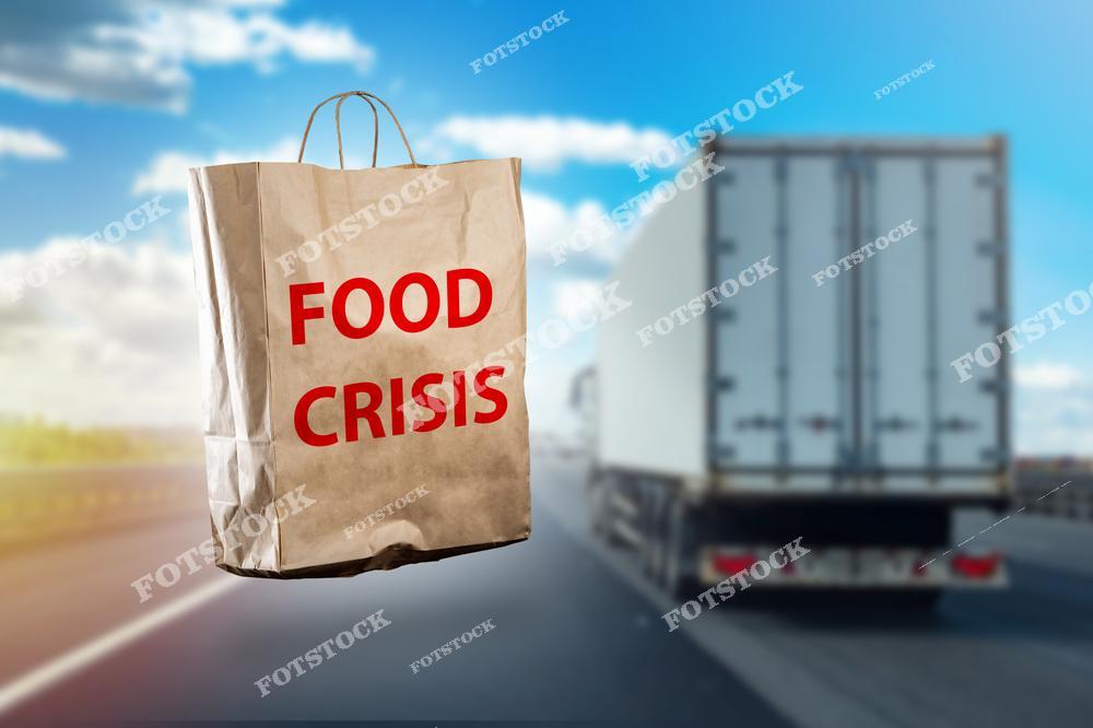 На изображении крупный бумажный пакет с надписью «Food Crisis», расположенный на фоне движущегося грузовика. Фото символизирует проблемы в сфере продовольственного снабжения и логистических цепочек, связанные с глобальными кризисами и экономическими трудностями.