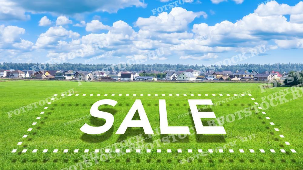 На изображении зеленое поле с надписью "Sale" на фоне загородного поселка. Эта композиция символизирует продажу земли и недвижимости. Поле и поселок подчеркивают перспективы развития и строительства на этом участке земли. Яркое небо и зелень создают атмосферу природной красоты и спокойствия.