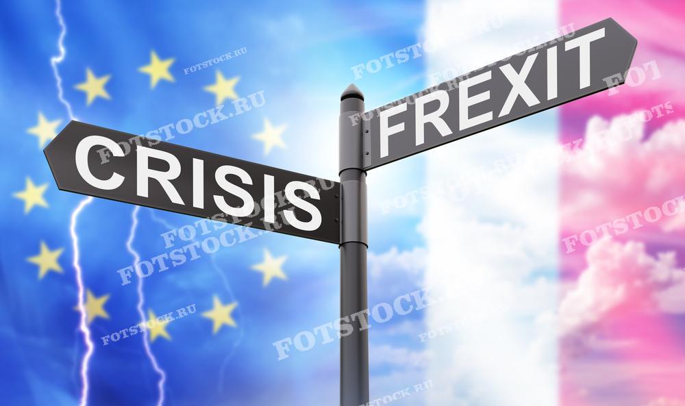 Дорожные знаки с надписями "Crisis" и "Frexit" на фоне флага Европейского Союза с молниями и флага Франции. Символизируют выбор между экономическим кризисом и возможным выходом Франции из ЕС.