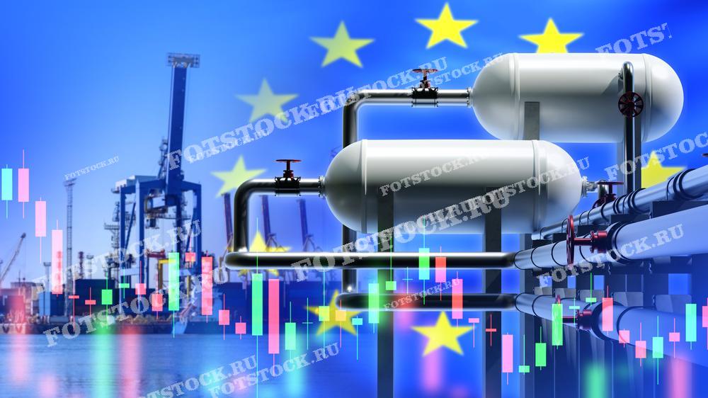 Газопровод и крупные резервуары на фоне флага Европейского Союза и графиков. Символизируют динамику энергетического рынка Европы и важность газоснабжения.