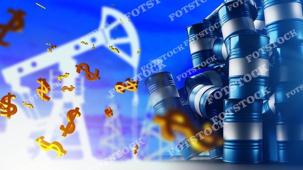 На изображении представлены нефтяные бочки, символы доллара и силуэт буровой установки. Фотография иллюстрирует связь между нефтяными ресурсами и финансовыми рынками, а также экономическое значение нефтяных цен.