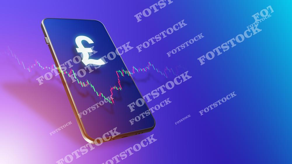 На изображении смартфон с символом британского фунта, на фоне отображены линии графика валютного рынка. Градиентный фон в синих и фиолетовых тонах подчеркивает современный и технологичный стиль. Фотография символизирует развитие цифровых финансов, онлайн-торговли и мобильных приложений для валютного трейдинга.