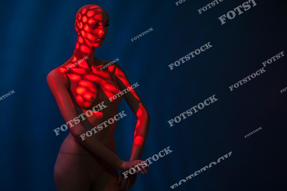На фотографии изображен манекен, освещенный красным светом в виде узорчатых пятен, создающих контраст на фоне темно-синего цвета. Атмосфера снимка подчеркивает художественную игру света и тени, символизируя современное искусство и визуальные эксперименты в дизайне.