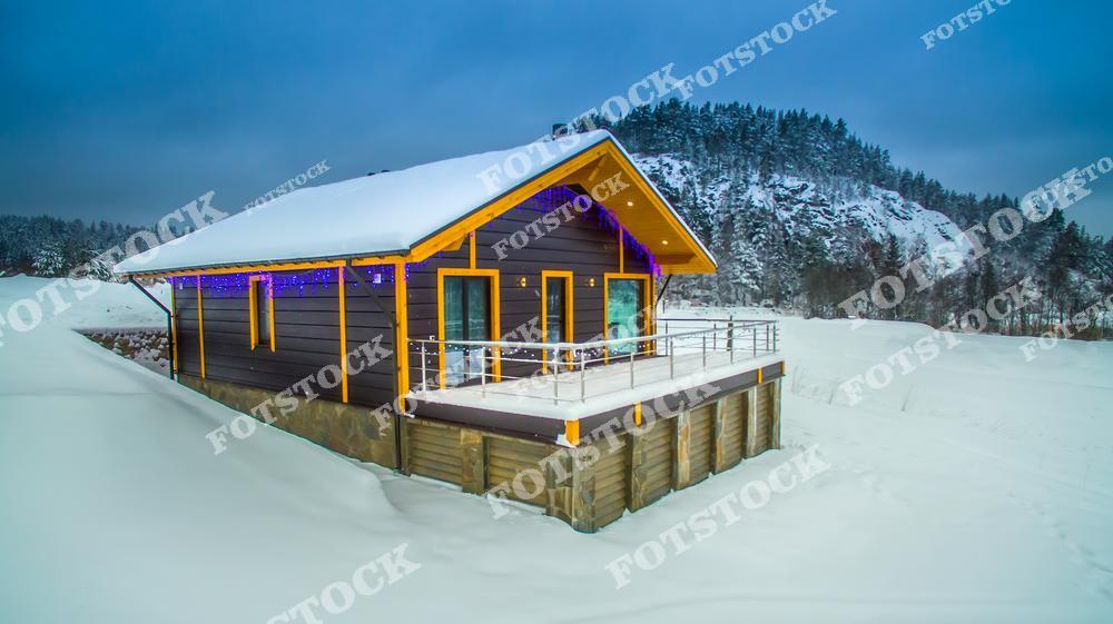 На фотографии изображен загородный дом с террасой, украшенной синими гирляндами, на фоне заснеженного зимнего пейзажа и леса. Дом окружен глубоким снегом, создавая ощущение уединения и спокойствия. Эта сцена передает атмосферу зимнего отдыха и уюта вдали от городской суеты.