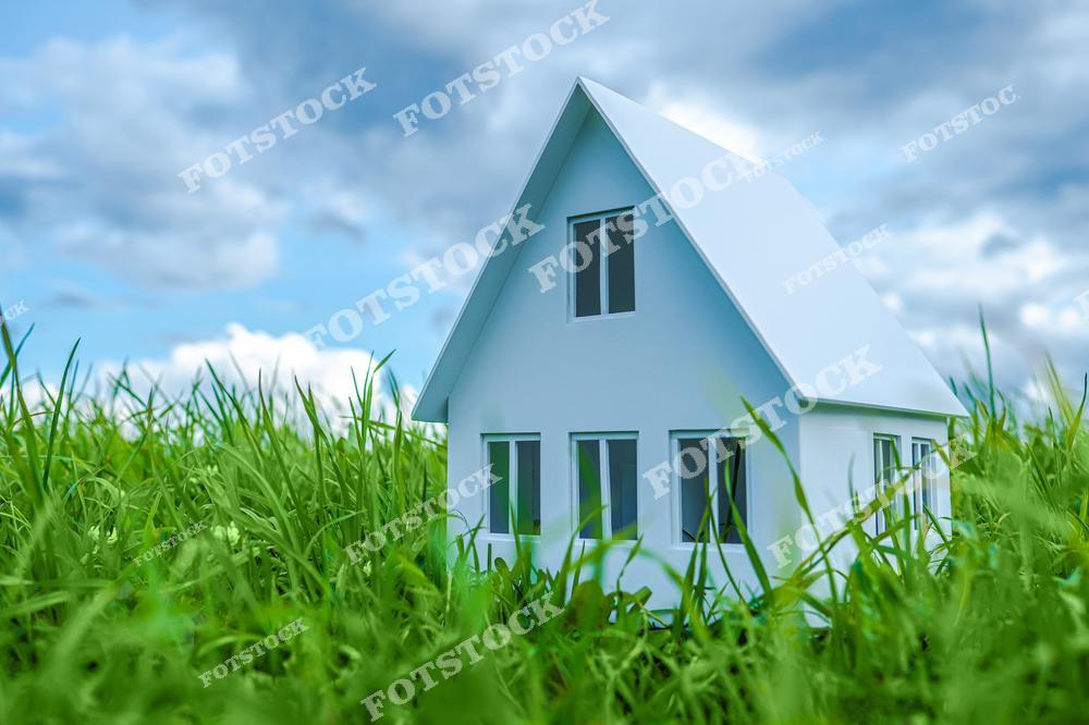 На фотографии изображён белый миниатюрный дом, стоящий среди густой травы. Яркое голубое небо с облаками создаёт ощущение открытого пространства. Изображение символизирует идею уединения и гармонии с природой.