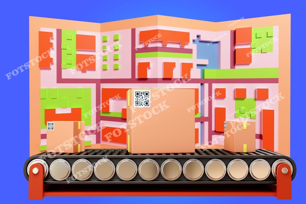 На иллюстрации изображены картонные коробки с QR-кодами, движущиеся по конвейерной ленте. На заднем плане расположена стилизованная карта с разноцветными элементами, символизирующая маршруты доставки и логистические процессы. Яркий синий фон подчёркивает технологический характер изображения.