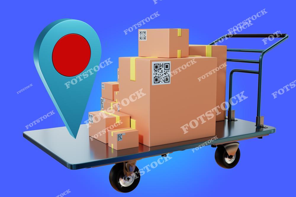 На иллюстрации изображены картонные коробки с QR-кодами, размещённые на складской тележке. Рядом расположена крупная геометка, символизирующая отслеживание местоположения посылок. Яркий синий фон подчёркивает технологичность и современный подход к логистике и доставке.